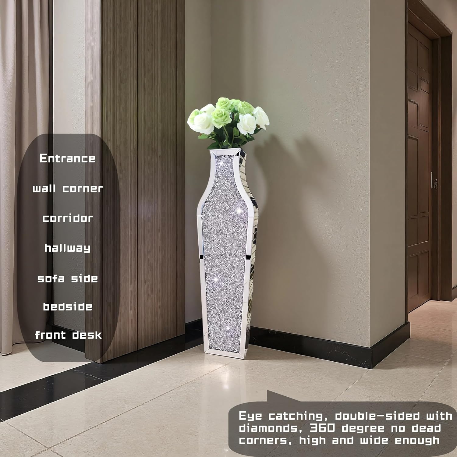 36' Extra Large Double Sided Crushed Diamond Vases, Extra Tall Mirrored Sliver Vase,Floor Vases Decorative Tall, Large Decorative Vase for Home,Office,Hotel Decor(10.6' L x5.37 W x 36' H)