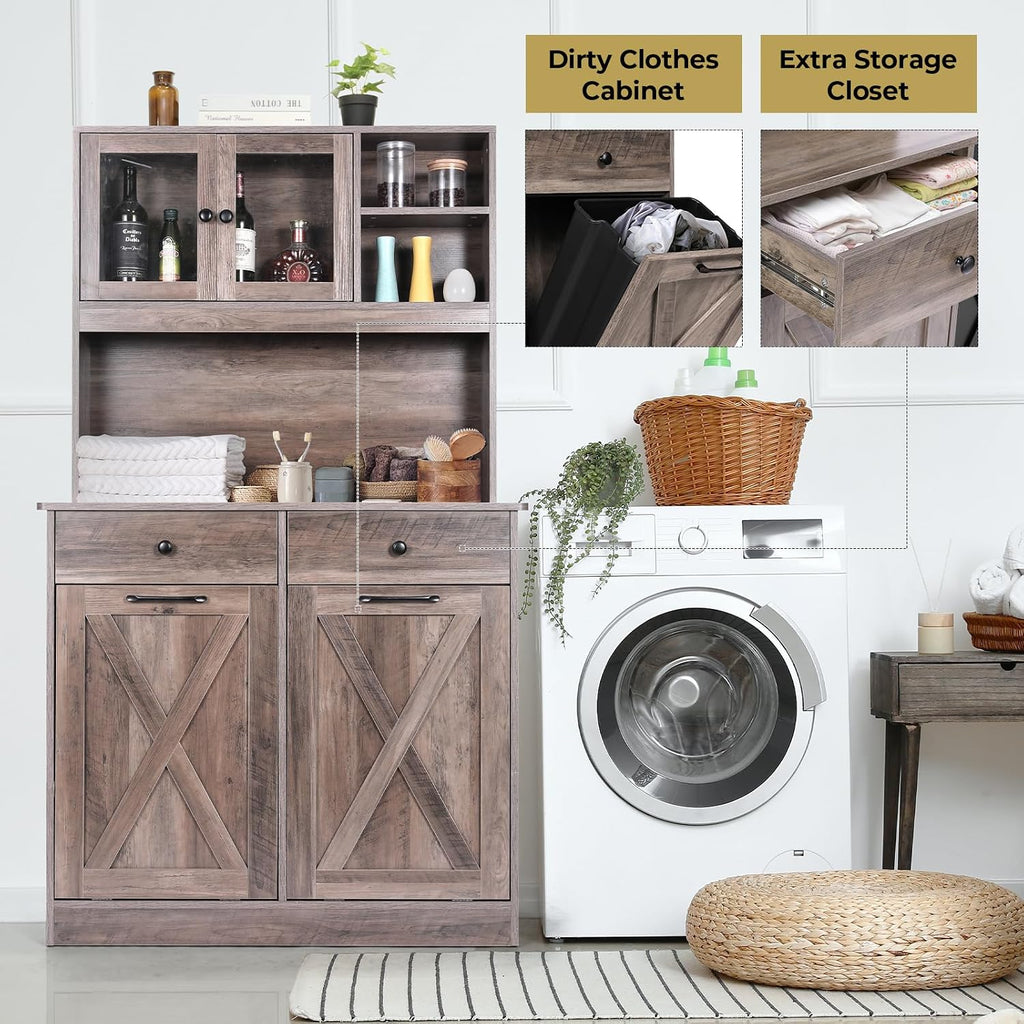 Arlopu Dual Tilt Out Trash&Storage Cabinet, Kitchen Sideboard Cupboard W/Pet Proof 10X2 Gal Hidden Garbage Holder, Freestand Laundry Sort Cabinet, W/Drawer, Shelves,Barn Door (Oak Grey)