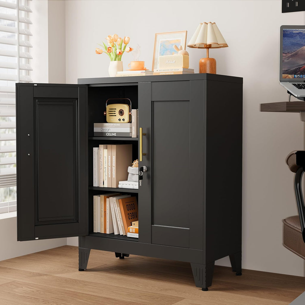 GAIOUS Black Metal File Cabinet with Lock (Two Units), Steel Storage Cabient with 2 Doors and 2 Adjustable Shelves, Multifunctional Locked Cabinet for Home/Office/Garage/Tool Room, Accent Furniture