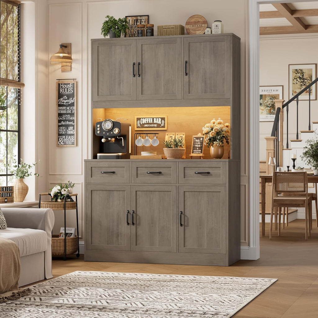 HOSTACK 72' Tall Kitchen Pantry Cabinet with Charing Station | LED Lights, 47' W Kitchen Pantry Storage Cabinet with Countertop, Modern Kitchens Hutch Cabinets with Storage for Dining Room, Ash Gray