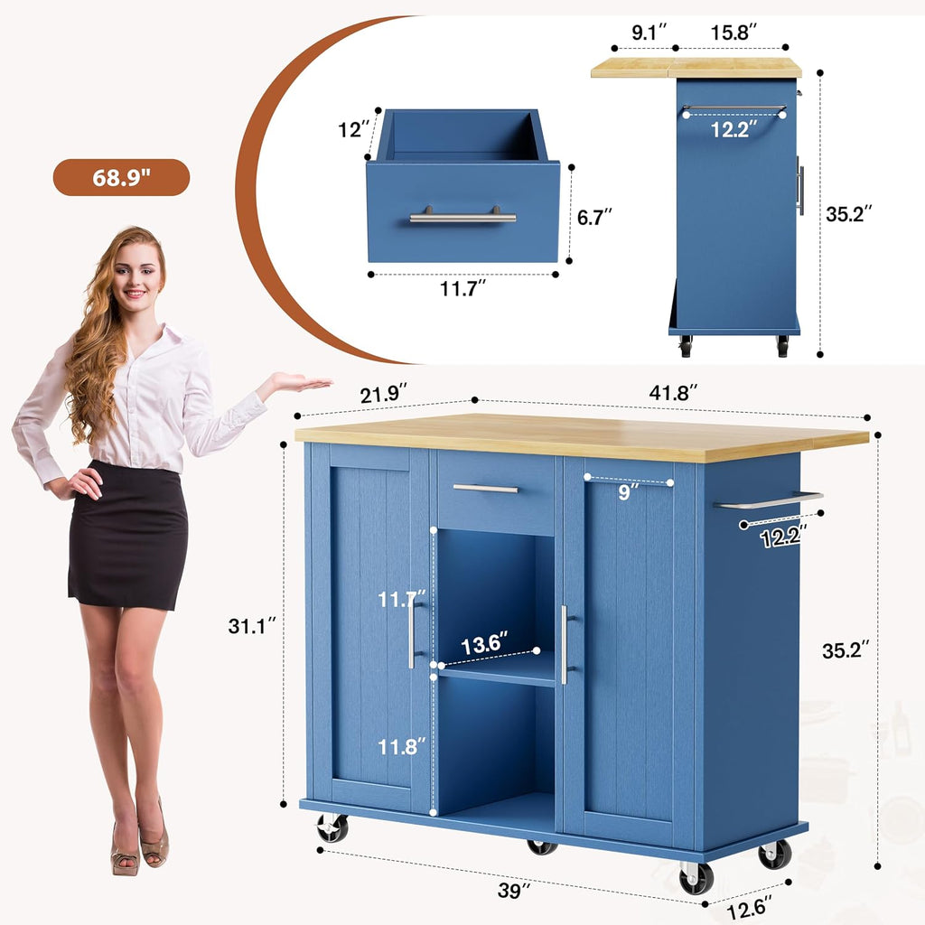 JY QAQA 42' Kitchen Island with Storage on Wheels, Rolling Table with Drop Leaf, Drawers, Cart Handle for Towel Rack or Free Movement, Blue