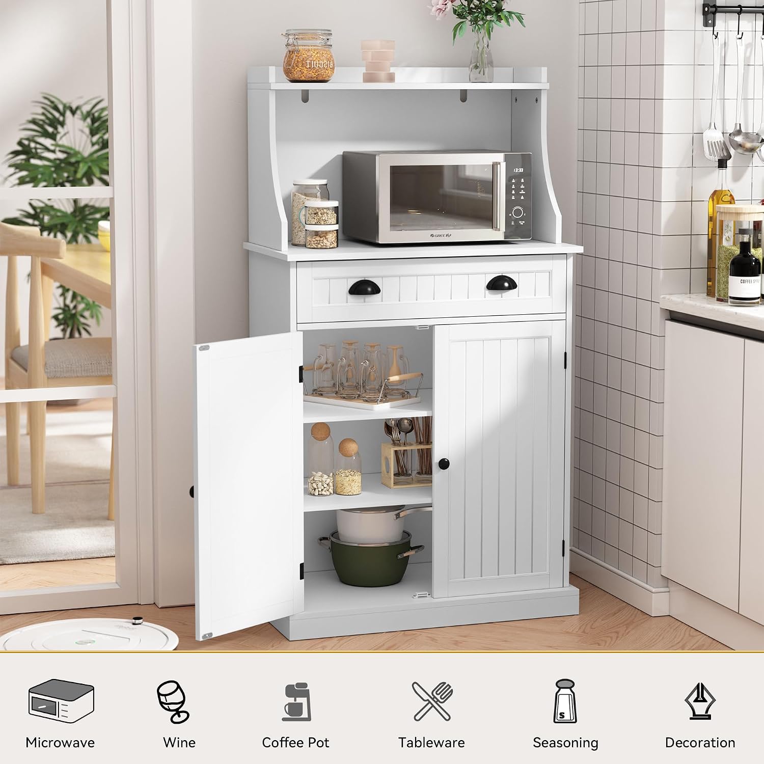 ARTPOWER 54' Kitchen Microwave Cabinet/Stand with Storage and Drawers, Pantry Storage Cabinet with Hutch & Adjustable Shelves for Kitchen, Dining Room, Living Room, Hallway in White