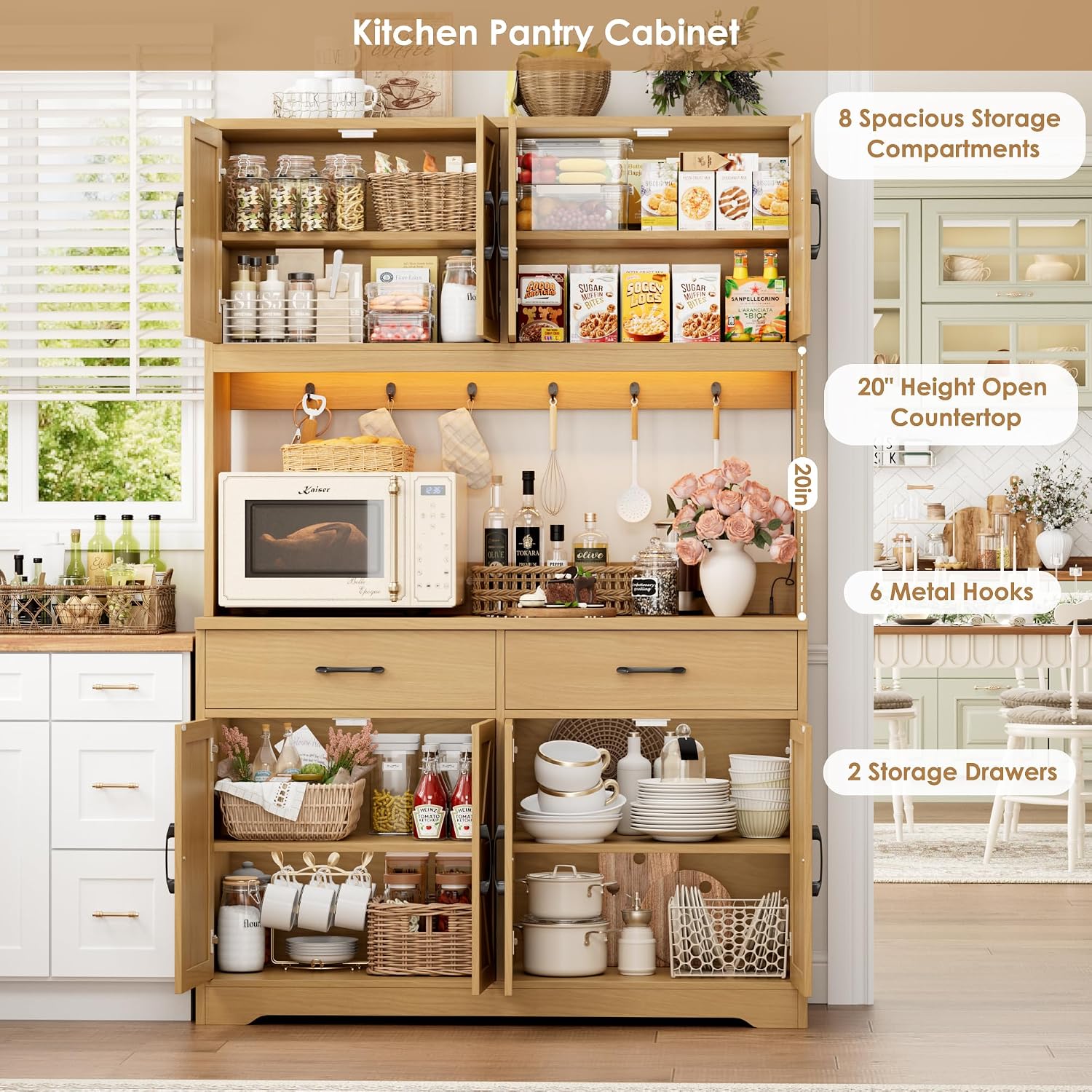 HIFIT 71' Tall Kitchen Pantry Cabinet with RGB LED and Charging Station, Farmhouse Coffee Bar Cabinet with Large Countertop and 6 Hooks, Kitchen Hutch Storage Cabinet, Natural