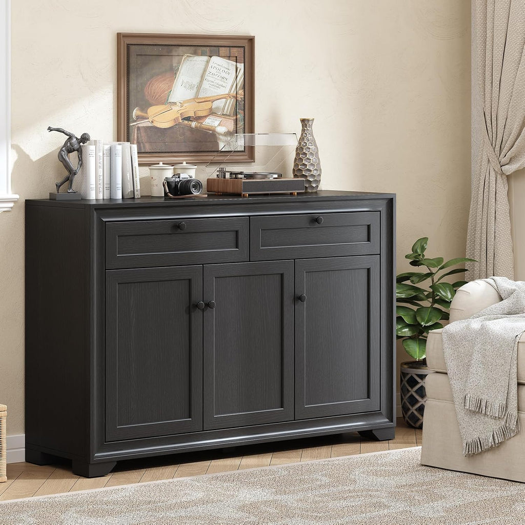 ONBRILL 48 Inches Sideboard Buffet Cabinet with Storage, Farmhouse Sideboard with 2 Drawers and 3 Doors, Wood Coffee Bar Cabinet with Adjustable Shelves for Living Room, Kitchen, Hallway, Black
