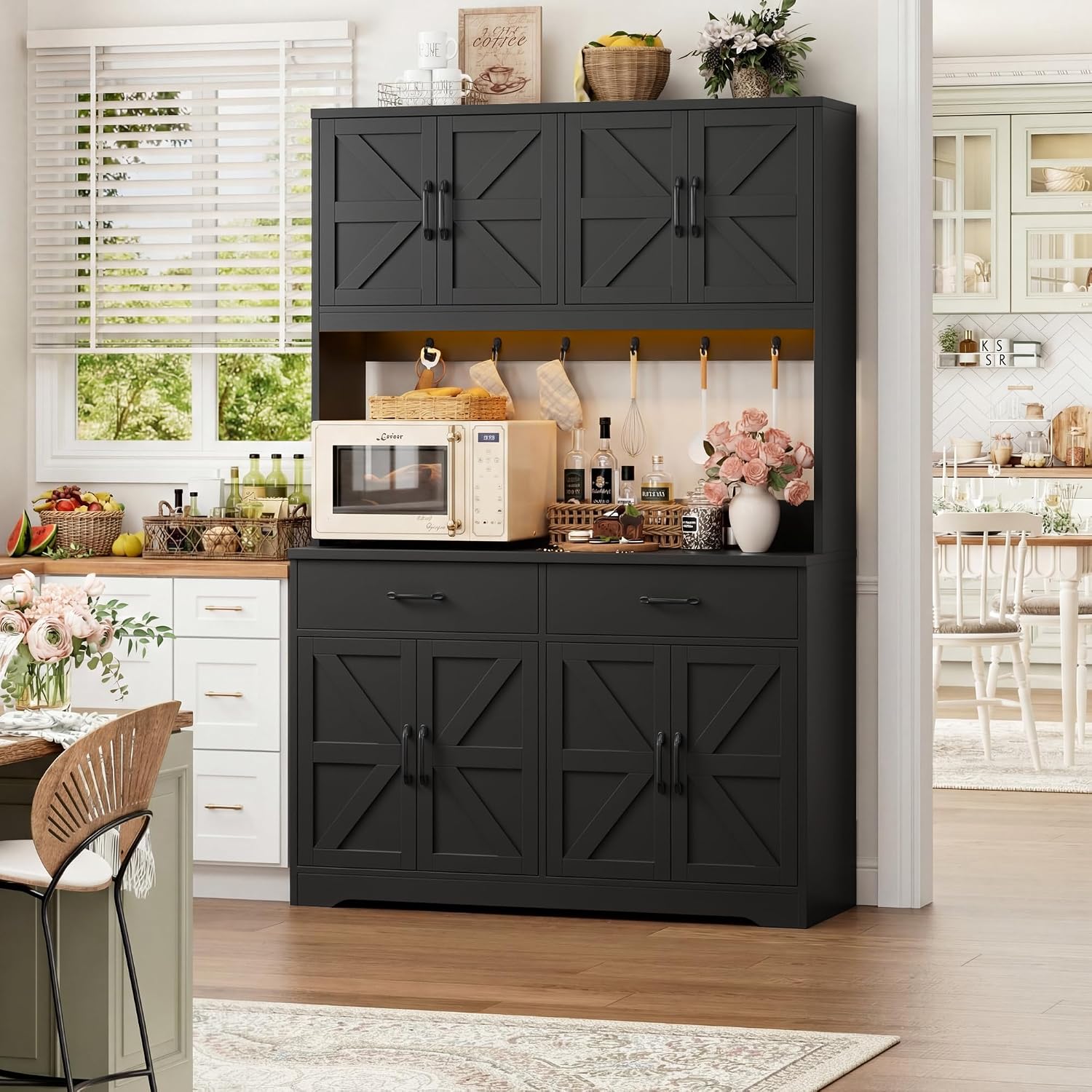 HIFIT 71' Tall Kitchen Pantry Cabinet with RGB LED and Charging Station, Farmhouse Coffee Bar Cabinet with Large Countertop and 6 Hooks, Kitchen Hutch Storage Cabinet, Black