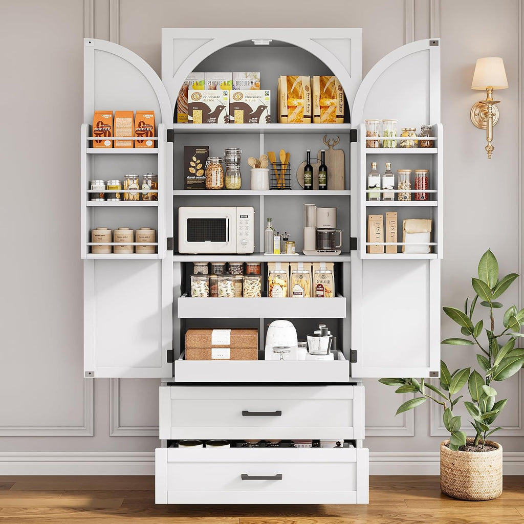 iPormis 71' Tall Kitchen Pantry Storage Cabinet w/Adjustable Shelf, Door Shelves & Large Drawers, Freestanding Kitchen Cupboard for Dining Room/Living Room, White