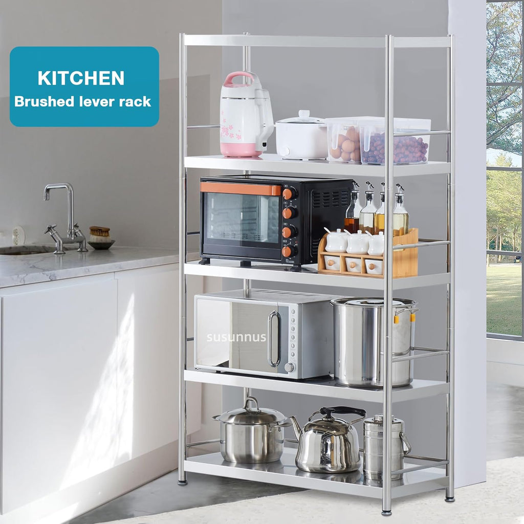 susunnus 5 Tier Industrial Storage Rack for Kitchen Garage,23.6in Wide Heavy Duty Shelving Unit,Stainless Steel Shelves, Steel Rack Shelving Unit for Home and Workshop(23.6in 5T-with Guardrails)