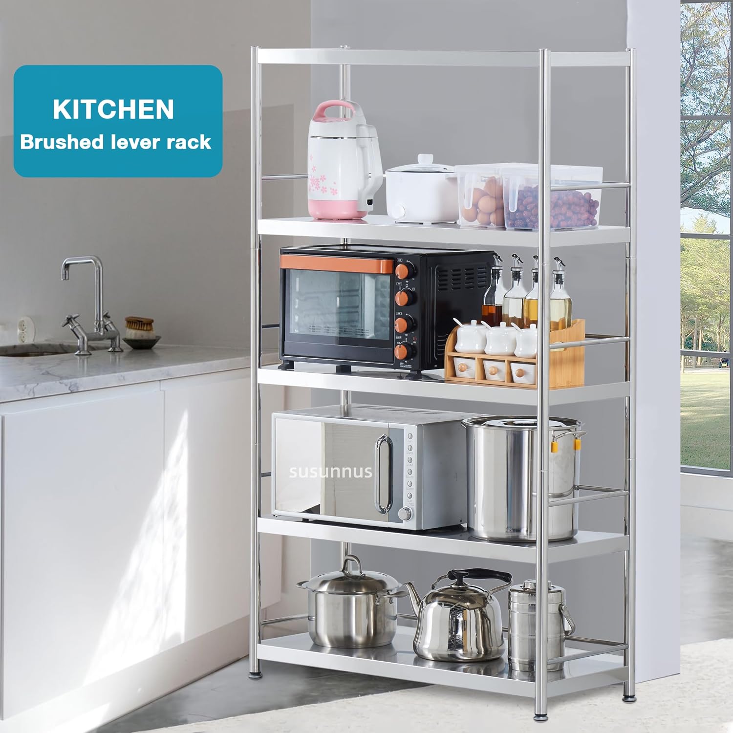 susunnus 5 Tier Industrial Storage Rack for Kitchen Garage,23.6in Wide Heavy Duty Shelving Unit,Stainless Steel Shelves, Steel Rack Shelving Unit for Home and Workshop(23.6in 5T-with Guardrails)