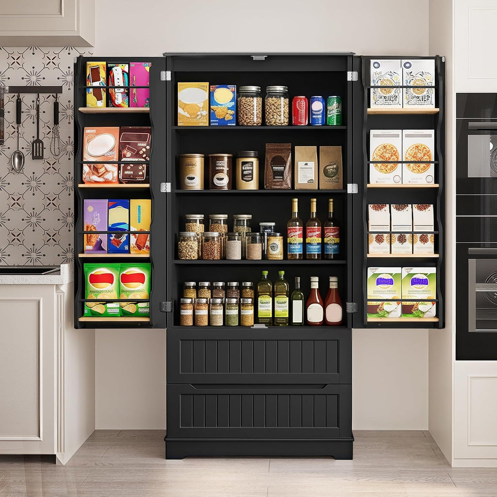 Gizoon 71' Tall Kitchen Pantry Cabinet with Drawers for Dining Room, Food Pantry Storage Cabinet with 8 Doors Shelves for Snack and Spice, Large Craft Storage Cabinet for Craft Room, Black, Painted