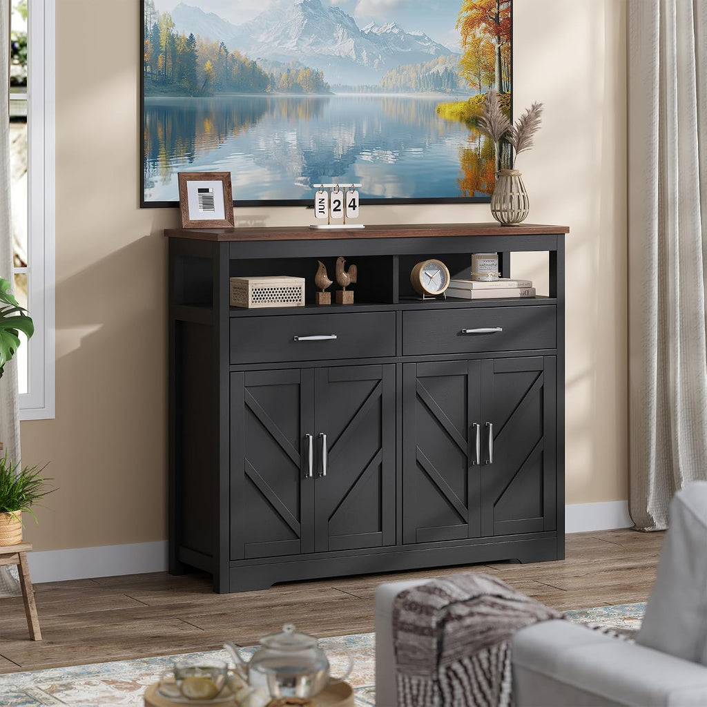 knoworld Buffet Sideboard with Storage Farmhouse with 4 Doors, 47'' Large Kitchen Storage Cabinet Wood Coffee Bar Cabinet Buffet Table with Shelves for Kitchen, Dining Room, Entryway