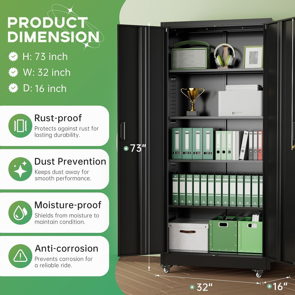 INTERGREAT 73' H Metal Storage Cabinet with Wheels, Locking Doors and Adjustable Shelves, Black Rolling Steel Tool Cabinet for Home Office, Garage, Warehouse