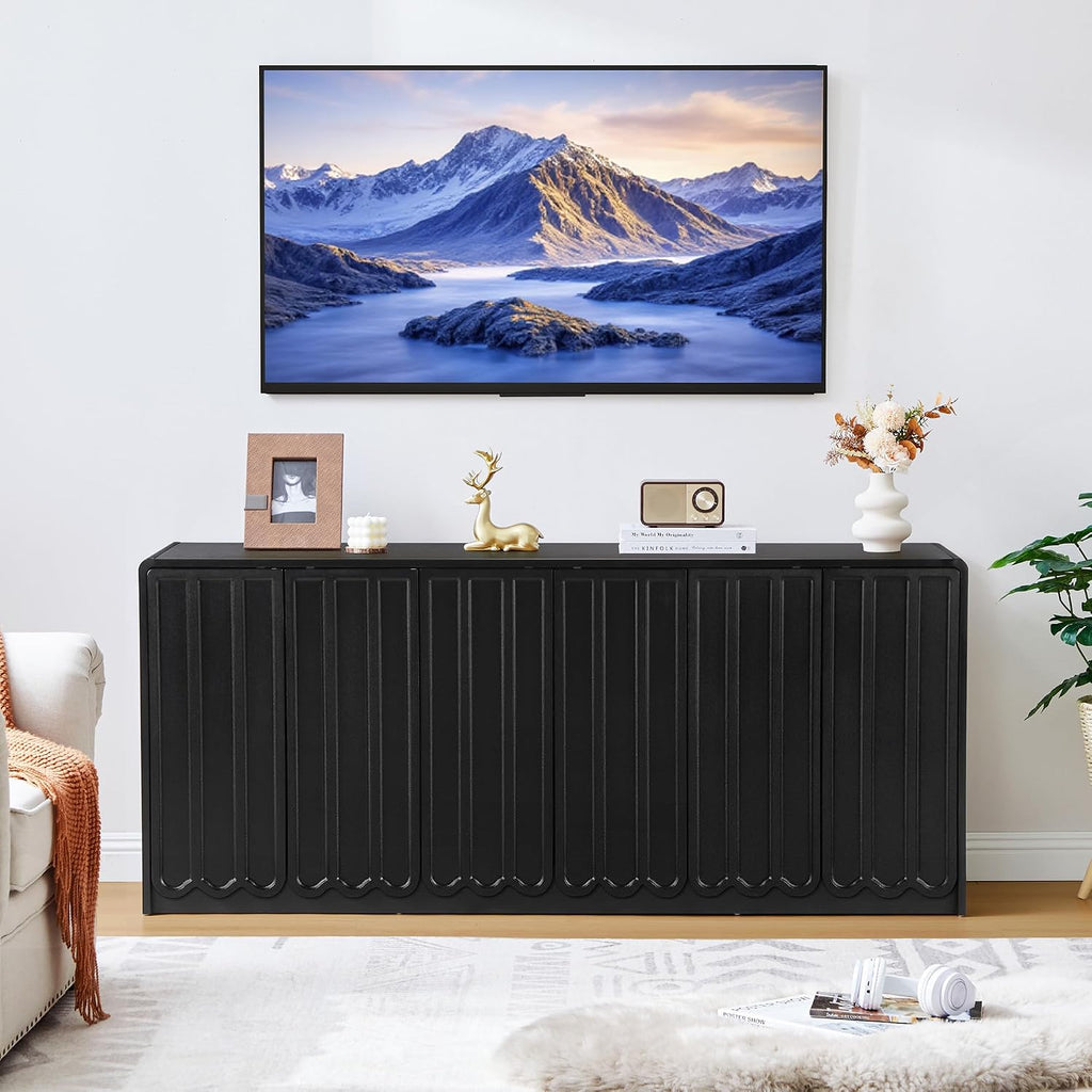 ORRD Sideboard Buffet Cabinet with Storage, Low Storage Cabinet Modern Wooden Accent Credenza Console Table TV Stand with 6 Wave Panel Doors for Kitchen Dining Living Room Entryway, Black