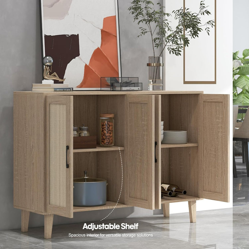 Panana Buffet Storage Cabinet with Rattan Decorating 4 Doors Living Room Kitchen Sideboard 48.43 x 34.65 x 15 inch (Natural Wood)