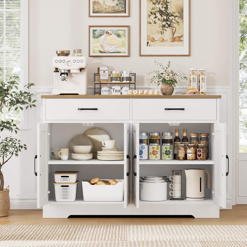 HOSTACK Buffet Cabinet with Storage, 47.2' Kitchen Sideboard Buffet with Drawers, Modern Farmhouse Coffee Bar Station with Shelves, Barn Doors Storage Cabinet for Living Room, White/Rustic Brown
