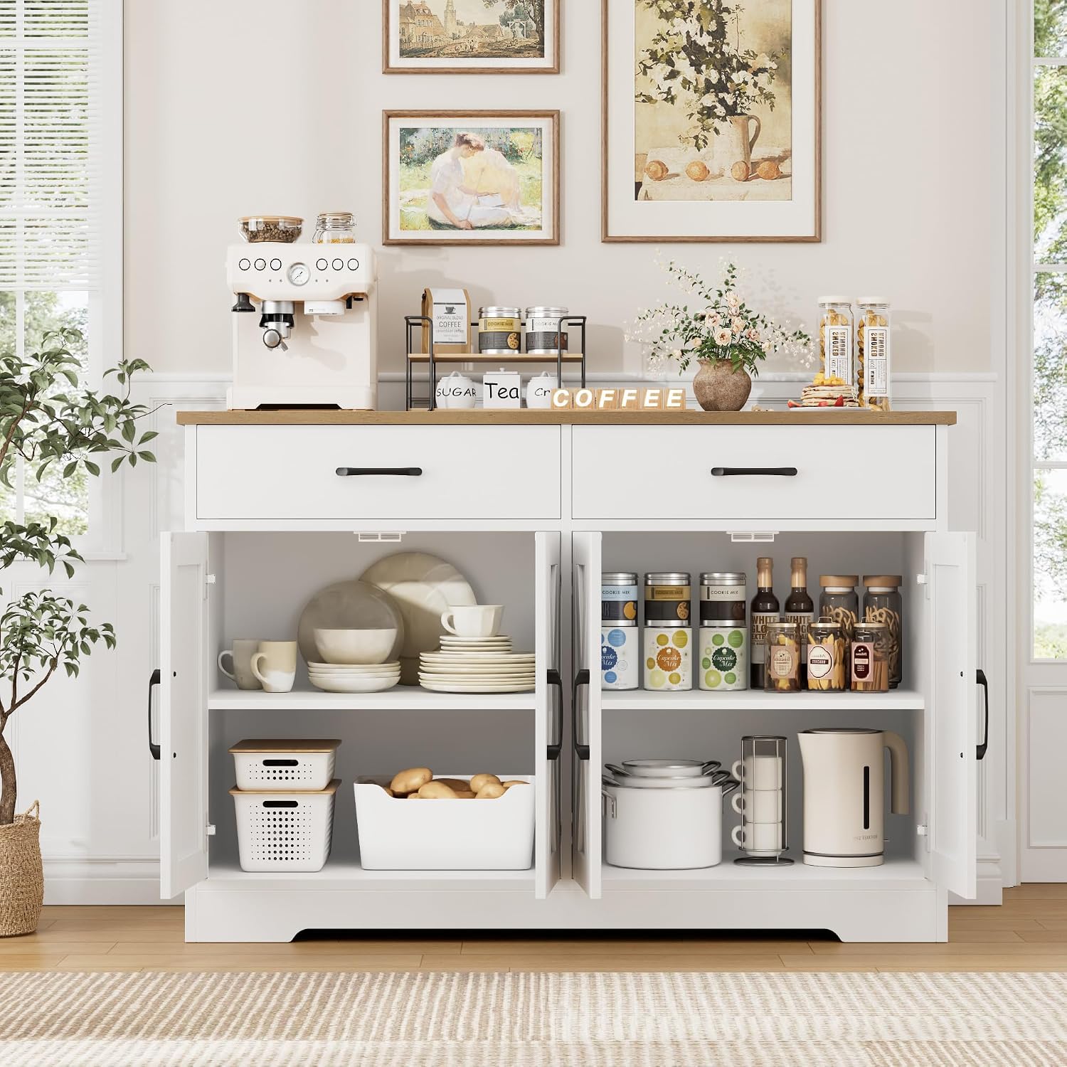 HOSTACK Buffet Cabinet with Storage, 47.2' Kitchen Sideboard Buffet with Drawers, Modern Farmhouse Coffee Bar Station with Shelves, Barn Doors Storage Cabinet for Living Room, White/Rustic Brown