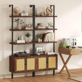 Airynee Ladder Bookshelf, 4 Tier Book Shelf with Rattan Cabinet, Wall Mount Bookshelves and Bookcases with Metal Frame, Anti Dump, Tall Bookcase for Living Room, Home Office, Bedroom Walnut 2pcs
