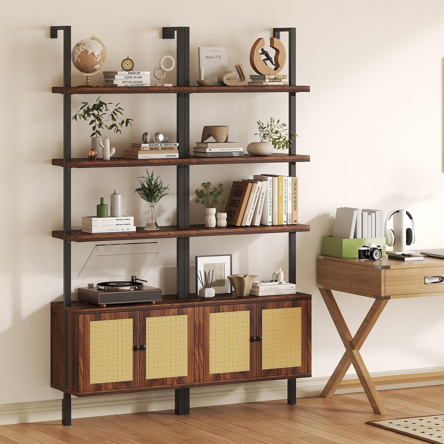 Airynee Ladder Bookshelf, 4 Tier Book Shelf with Rattan Cabinet, Wall Mount Bookshelves and Bookcases with Metal Frame, Anti Dump, Tall Bookcase for Living Room, Home Office, Bedroom Walnut 2pcs