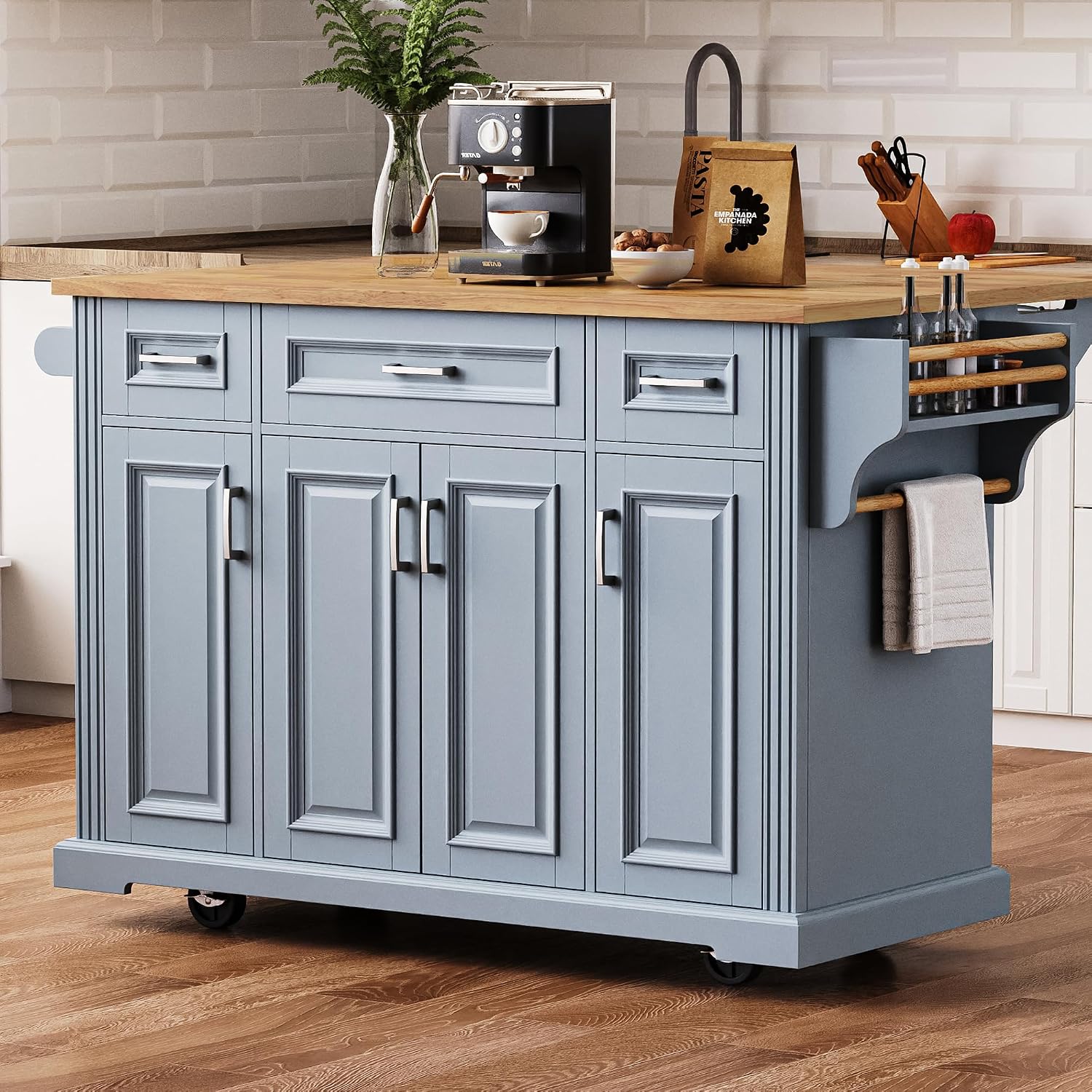 54' Rolling Storage Kitchen Island Cart on 4 Wheels with Drop Leaf, Embossed Texture, 4 Doors and 3 Drawers for Kitchen, Dining Room, Grey Blue, Rubber Wood Top