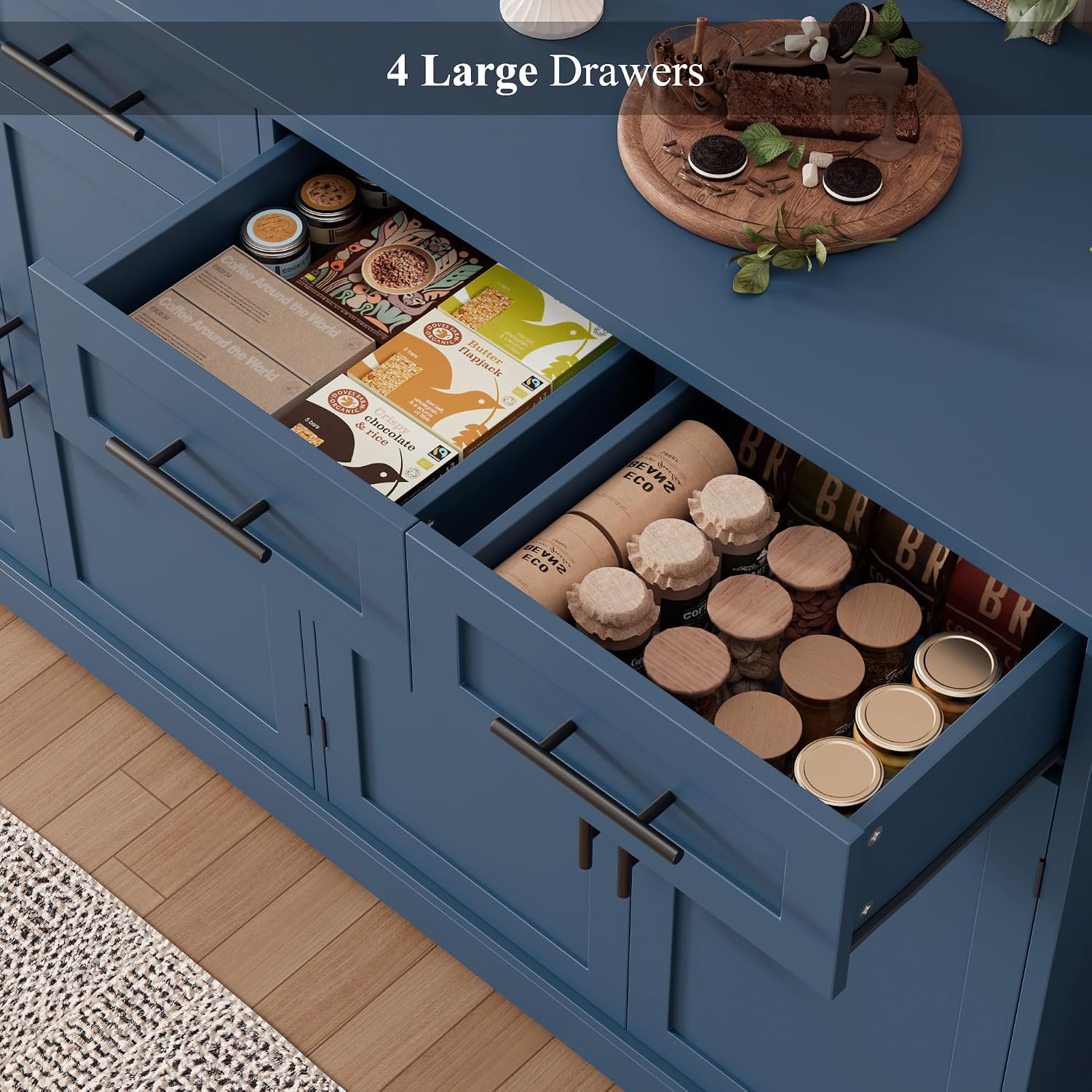 HOSTACK 60' Large Buffet Sideboard with Storage, 36' Tall Kitchen Buffet Storage Cabinet with 4 Drawers, Modern Coffee Bar Cabinet with Black Handles, Long Sideboard Buffet Table for Kichen, Blue