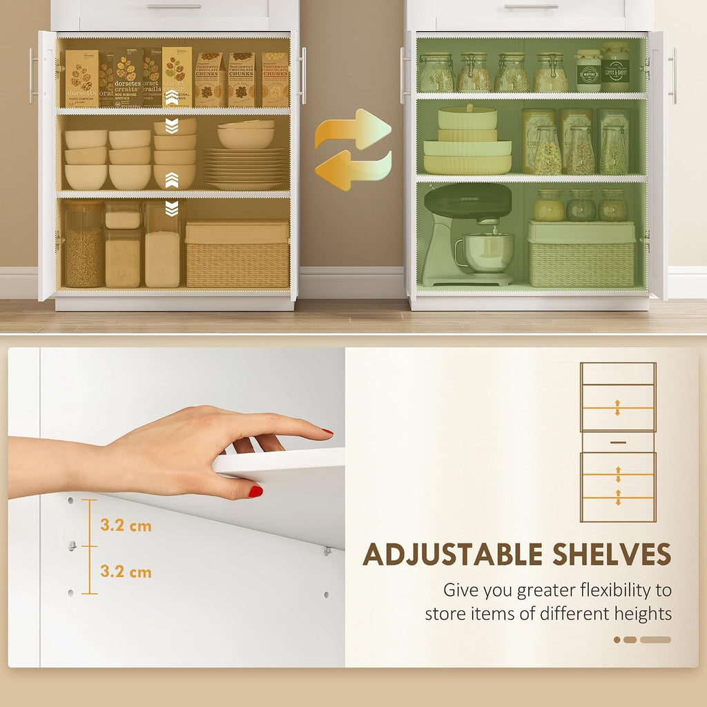 HOMCOM 72' Kitchen Pantry Cabinet, Freestanding Tall Storage Cabinet with 4 Doors, Drawer and 3 Adjustable Shelves for Dining Room, White