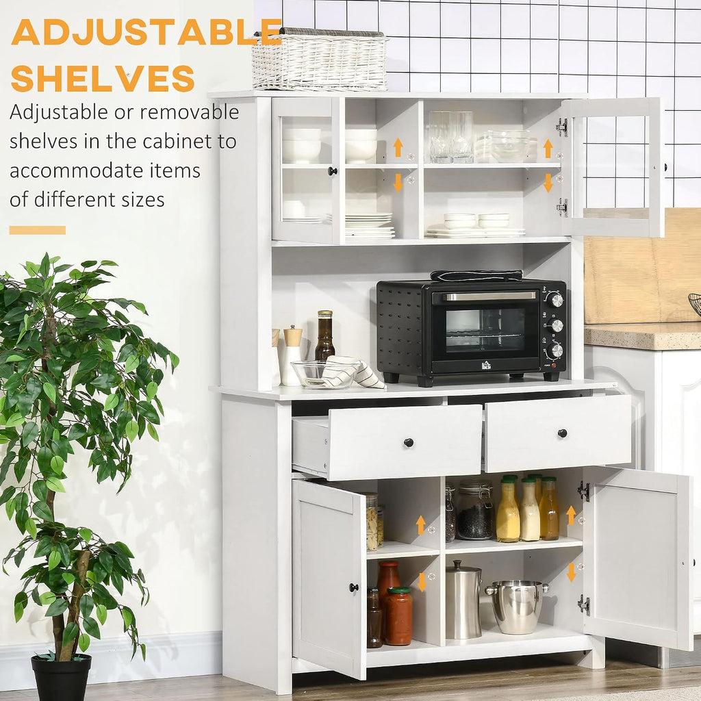 HOMCOM 63.5' Kitchen Buffet with Hutch, Pantry Storage Cabinet with 4 Shelves, Drawers, Framed Glass Doors, Open Microwave Countertop, Antique White