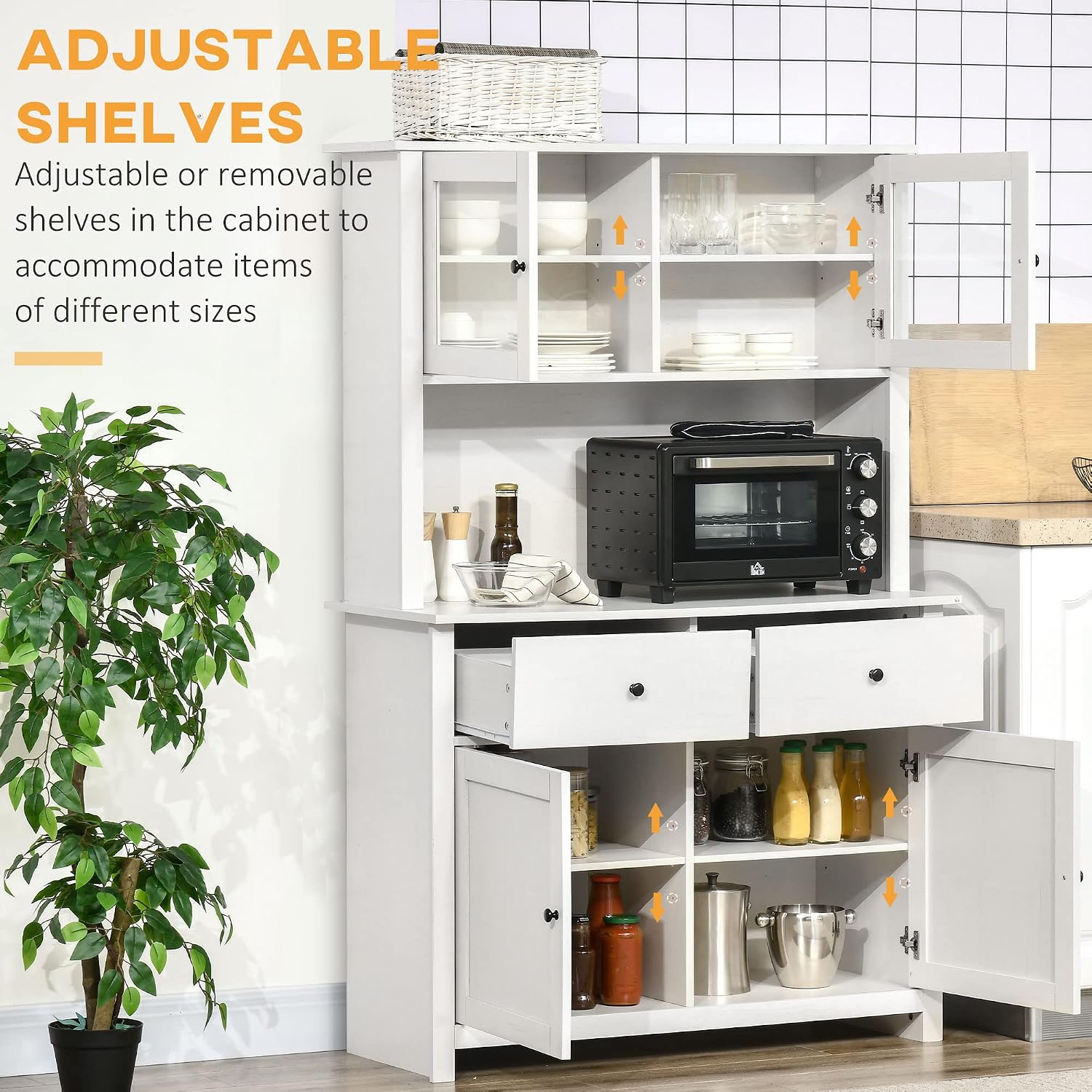 HOMCOM 63.5' Kitchen Buffet with Hutch, Pantry Storage Cabinet with 4 Shelves, Drawers, Framed Glass Doors, Open Microwave Countertop, Antique White