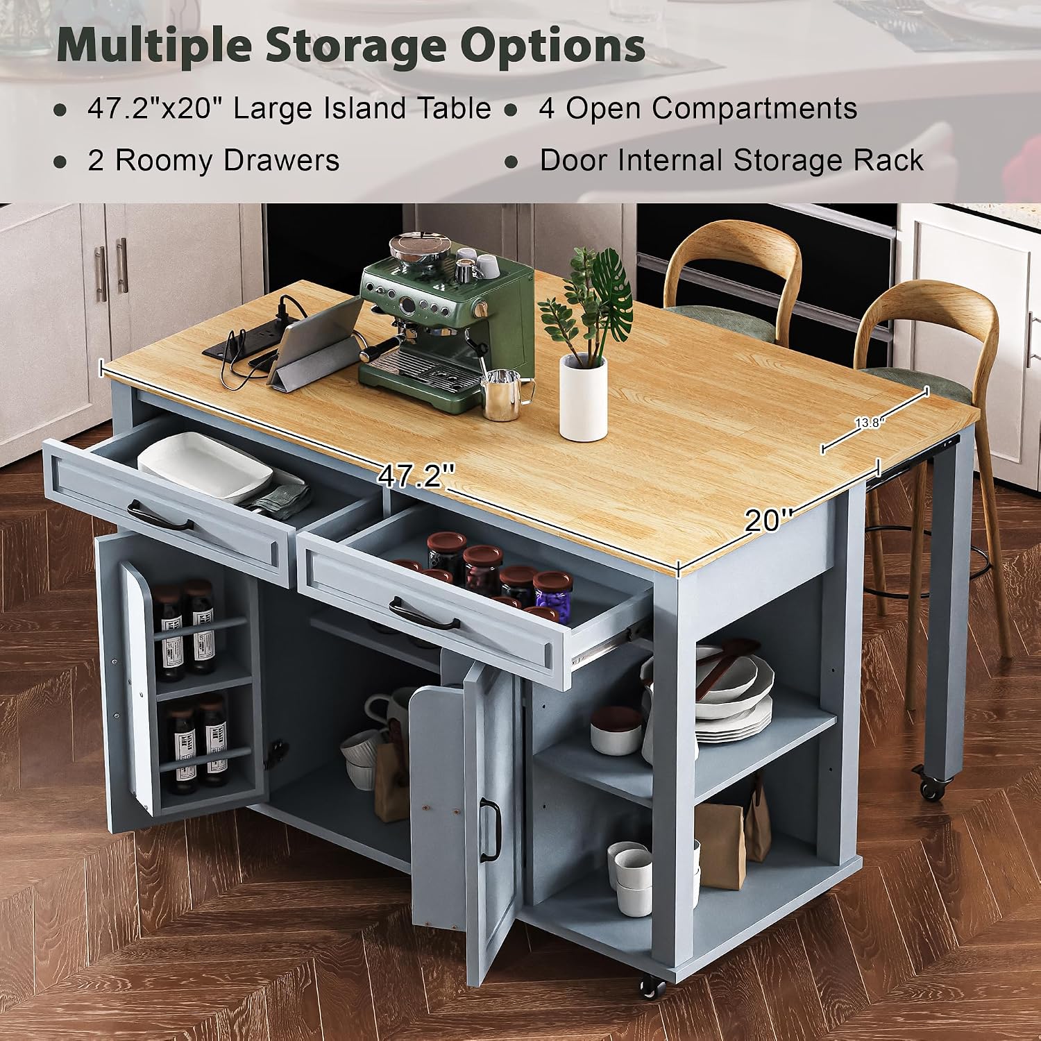 47' Kitchen Island with Extendable Dining Table, Rubber Wood Veneer Kitchen Table with Internal Storage Rack, Power Outlet, 2 Drawers, 2 Cabinet for Kitchen, Dining Room, Grey Blue