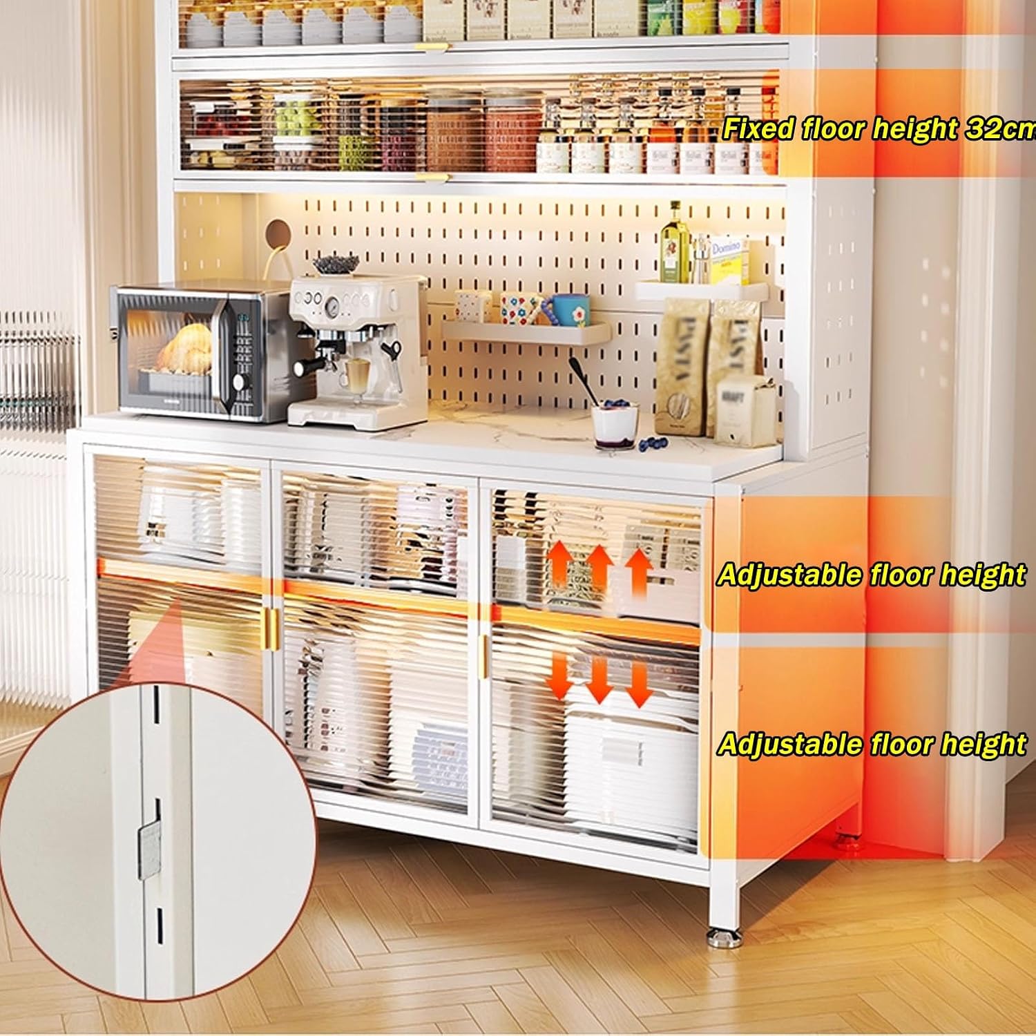 JKGHK Kitchen Storage Sideboard Cabinet, Tall Bakers Rack Countertop with Stone Slab Countertop, Standing Pantry with Pegboard and Adjustable Shelves for Home Coffee Bar(Gray,24x72in)