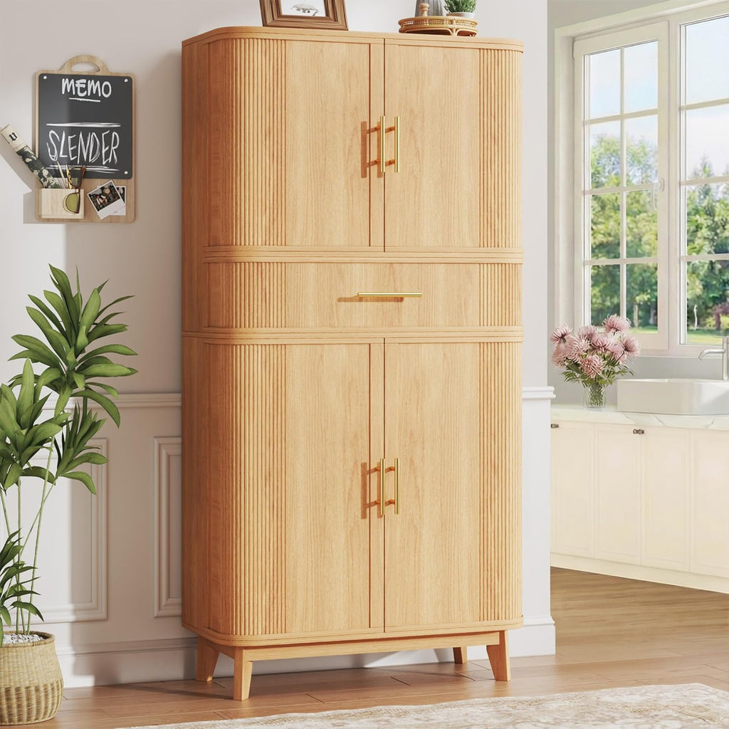 HUAHUU 71' Pantry Cabinet with Drawer, Kitchen Pantry Storage Cabinet with 4 Doors, Modern Curved Storage Cabinets with 10 Large Storage Spaces for Dining Room, Living Room, Oak