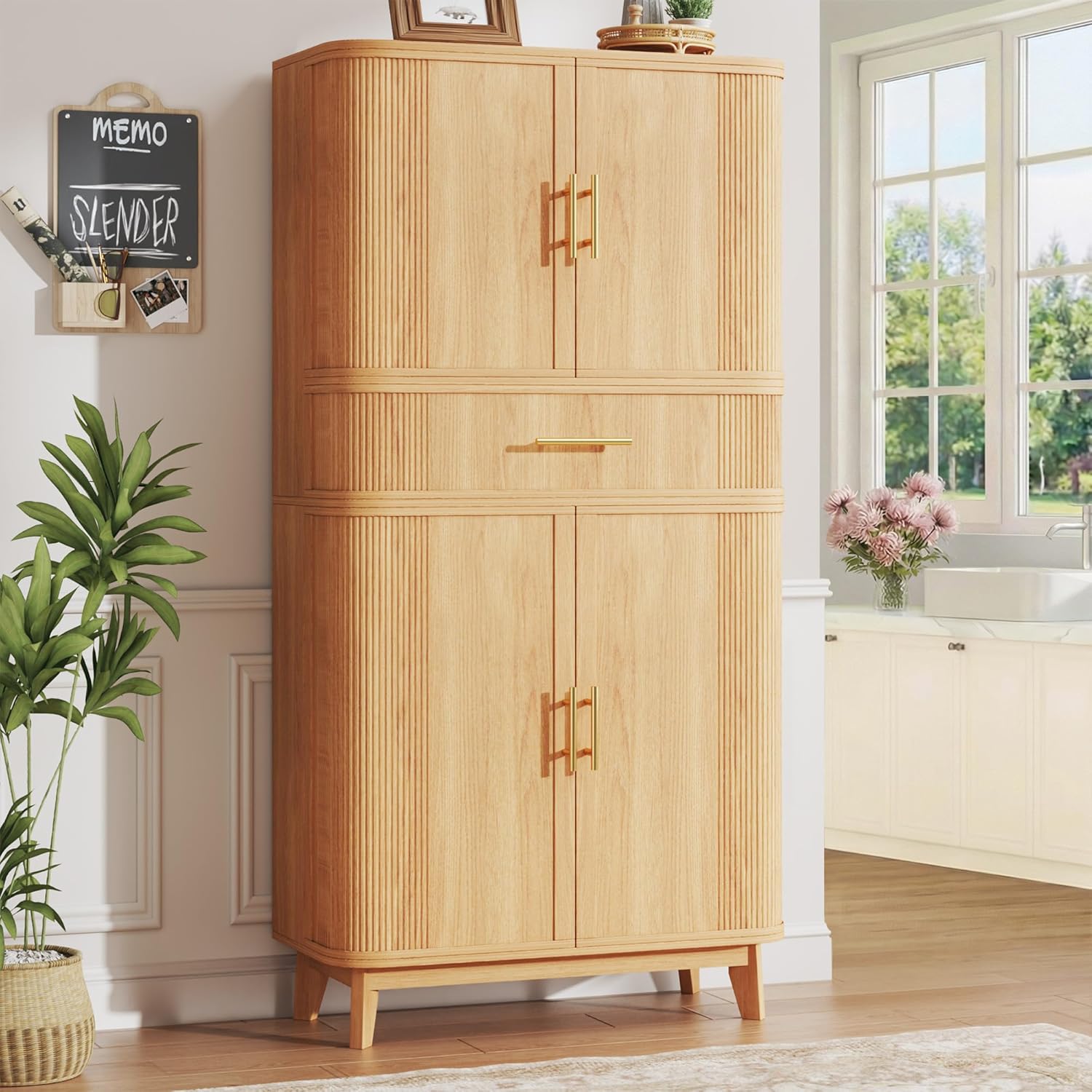 HUAHUU 71' Pantry Cabinet with Drawer, Kitchen Pantry Storage Cabinet with 4 Doors, Modern Curved Storage Cabinets with 10 Large Storage Spaces for Dining Room, Living Room, Oak
