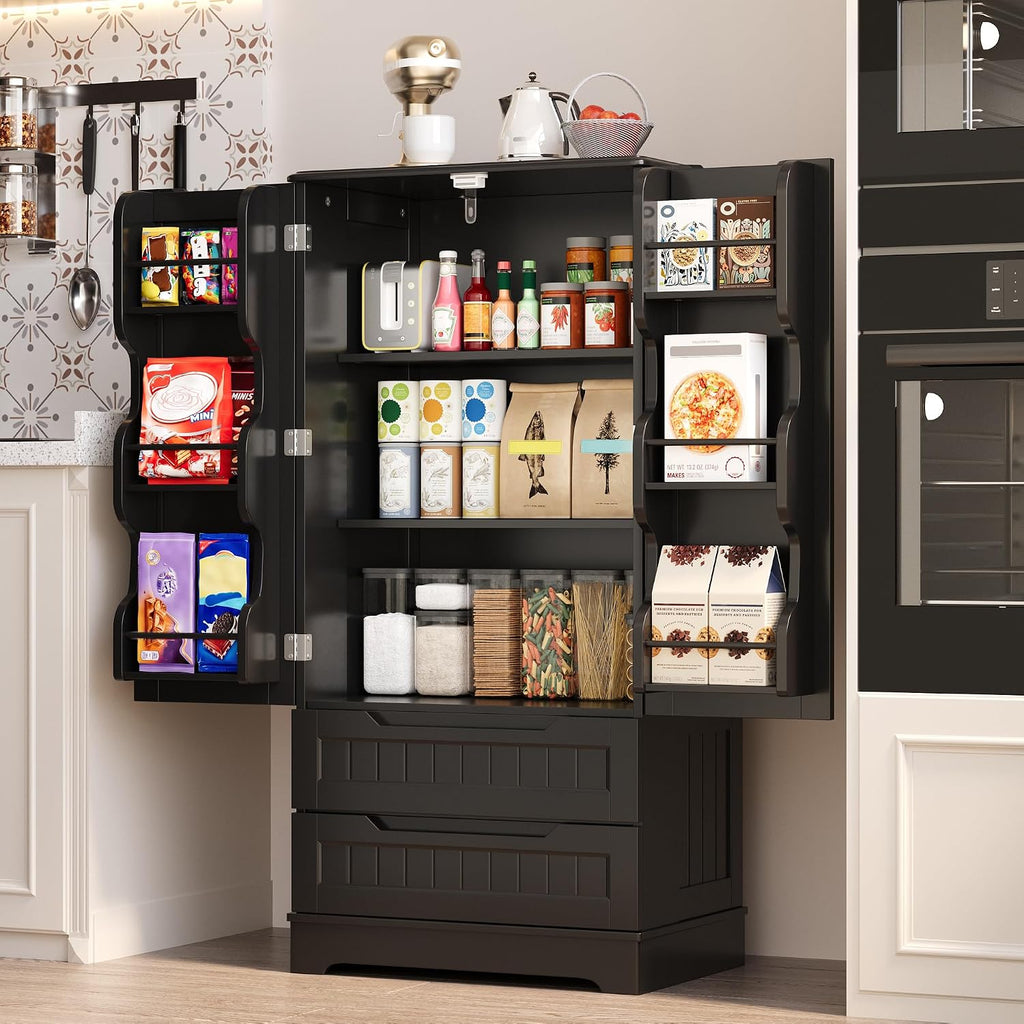 Gizoon Kitchen Pantry Cabinet with Drawers, 47' Small Food Pantry Storage Cabinet with 6 Door Shelves for Snack and Spice, Freestanding Craft Storage Cabinet for Craft Room, Black, Painted