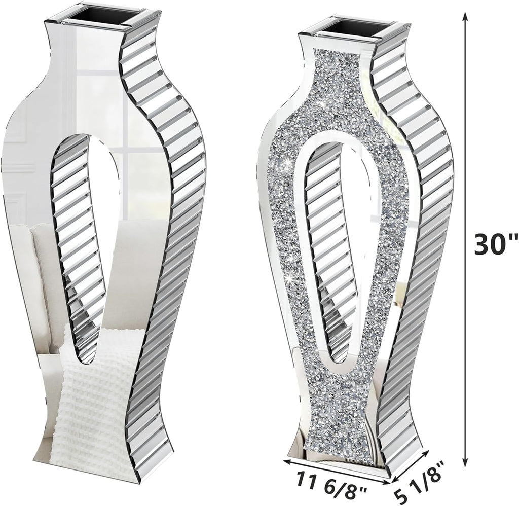 SHYFOY Mirror Floor Vase with Silver Crystal Diamond Accents – Modern Hollow Tall Glass Vases for Living Room Decor, 30'' Large Shiny Bling Vase for Pampas Grass or Faux Flowers