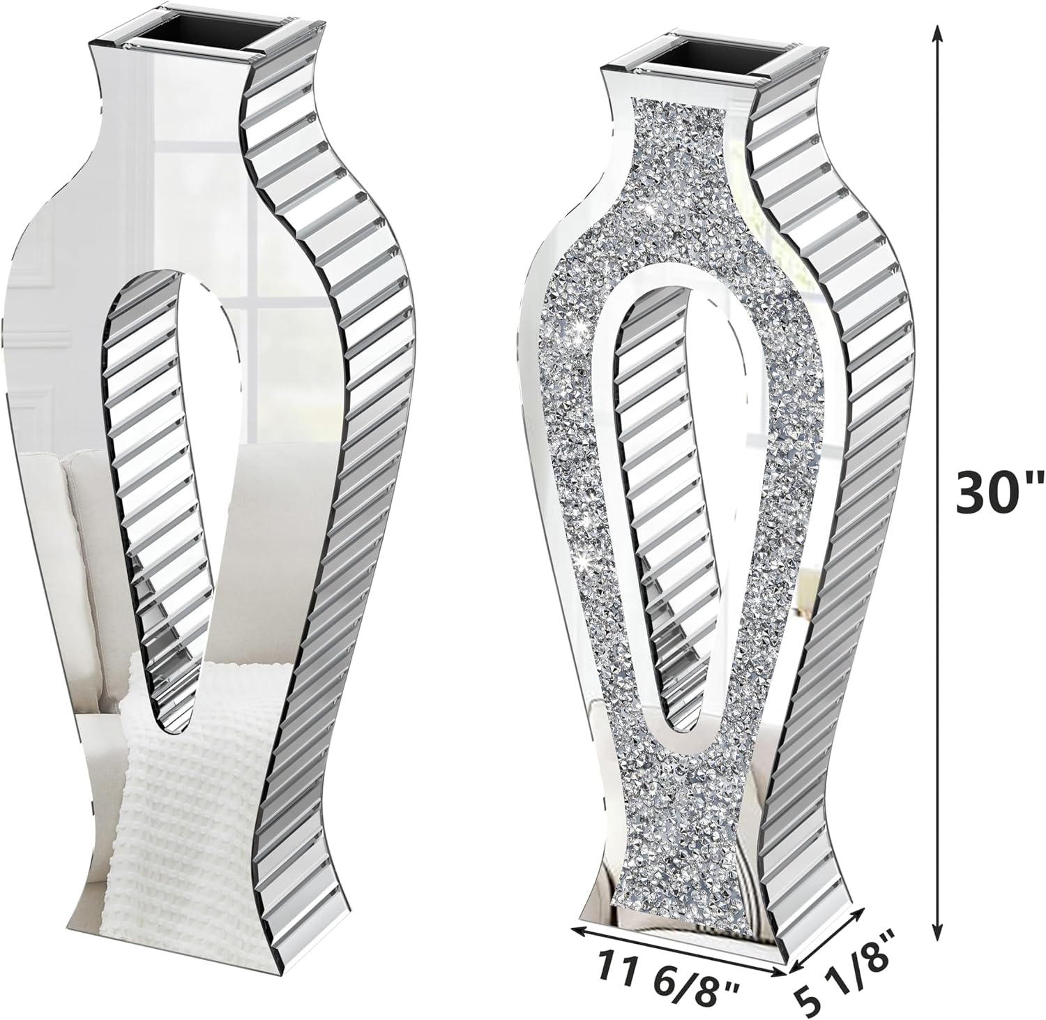 SHYFOY Mirror Floor Vase with Silver Crystal Diamond Accents – Modern Hollow Tall Glass Vases for Living Room Decor, 30'' Large Shiny Bling Vase for Pampas Grass or Faux Flowers