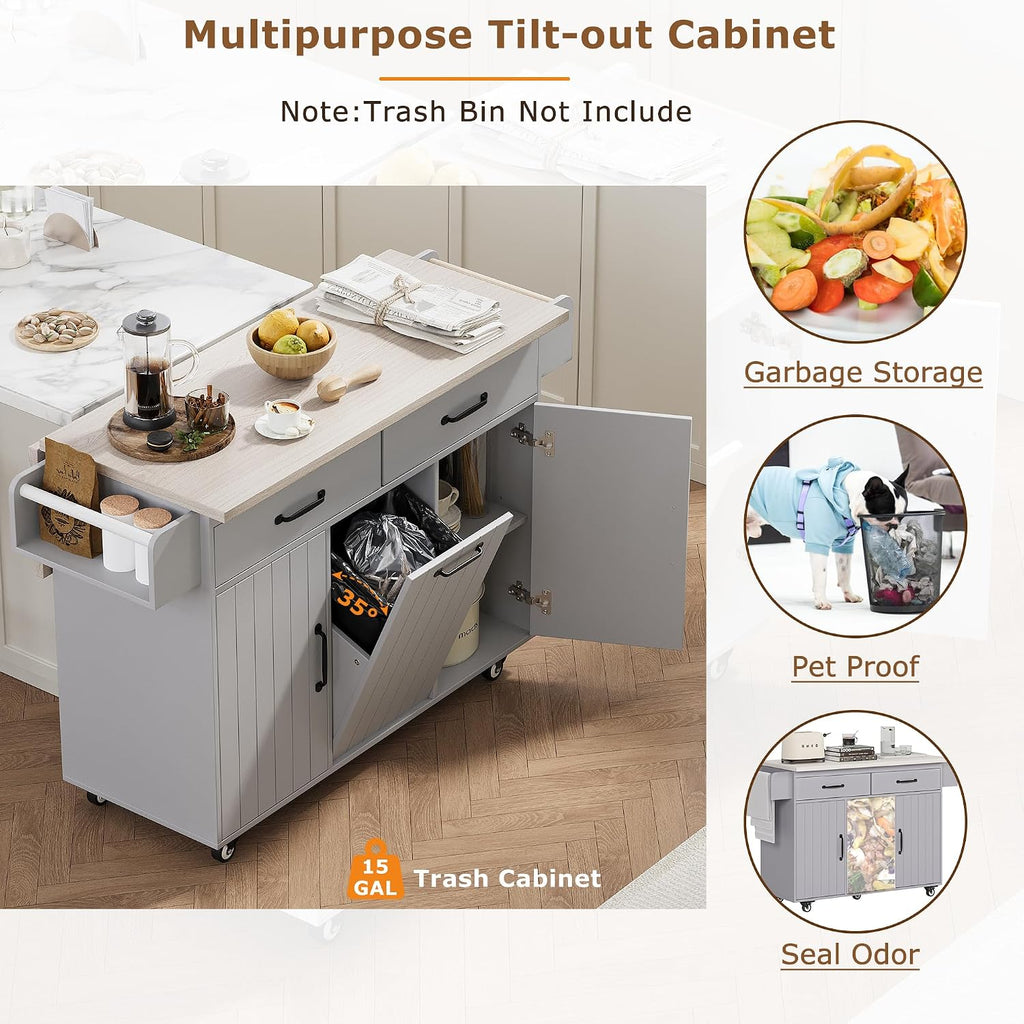 Rolling Kitchen Island Carton Wheels with Trash Can Storage Cabinet, Drop Leaf, Spice Rack, Towel Rack, Drawer, Adjustable Shelf for Dining Room Kitchens Grey