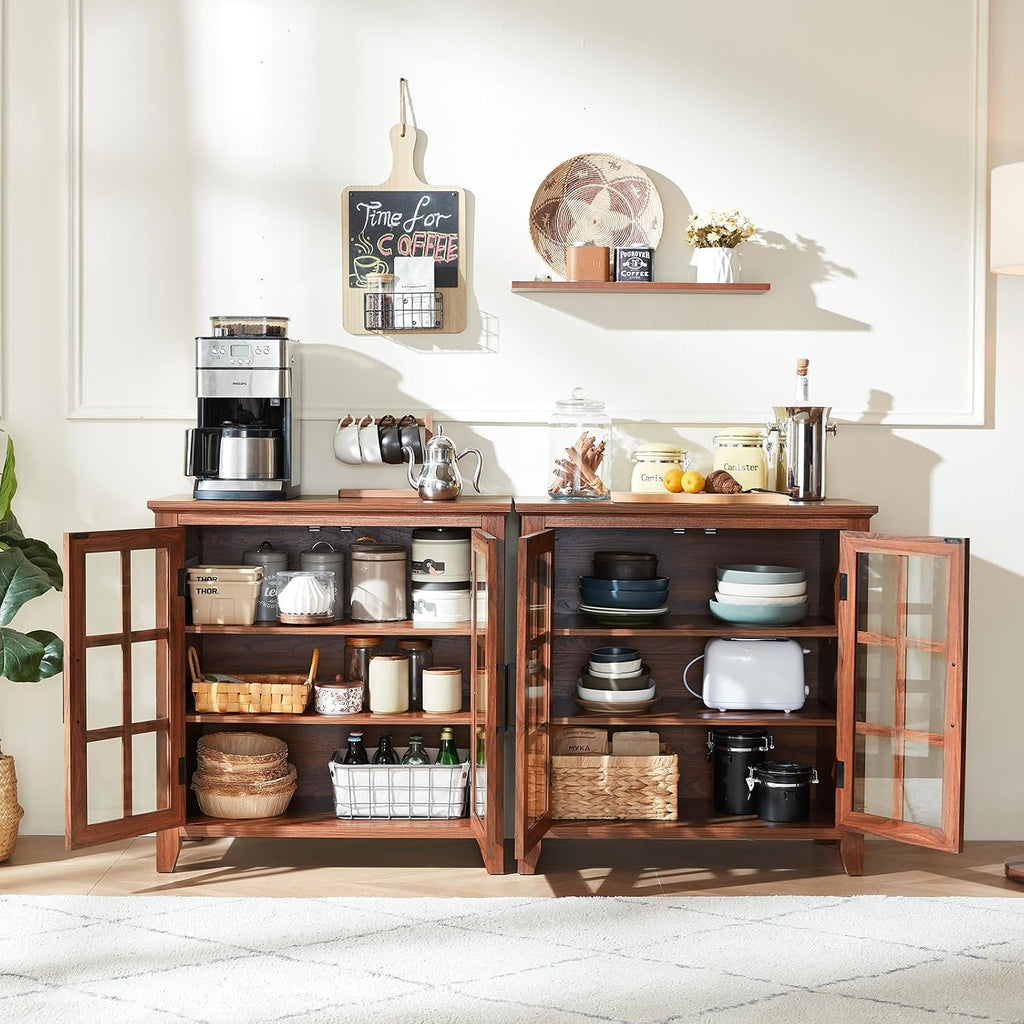 Large Sideboard Buffet Cabinet with Storage, 32' Farmhouse Brown Kitchen Coffee Wine Bar Cabinet with 2 Glass Doors, Wood Mid Century Modern Side Board Table for Dining Room, Living Room (3PCS)