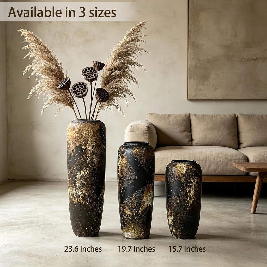 Black Rustic Ceramic Tall Floor Vase, 23.6 Inch Vintage Large Farmhouse Vase Pottery Clay Terracotta Rustic Vases for Home Decor Living Room Entryway Table Centerpieces,Kitchen,Housewarming Gifts