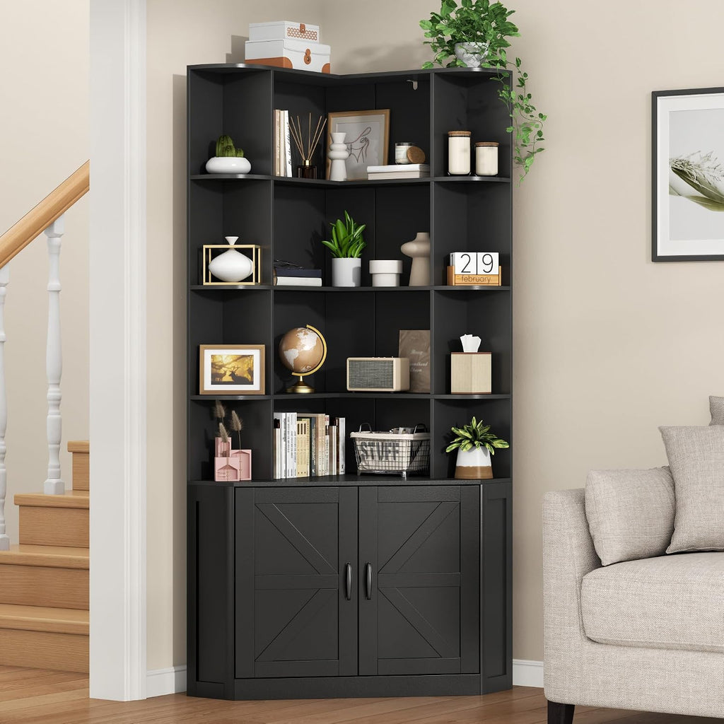 Corner Bookshelf with Doors, 6 Tier Corner Bookcase with Storage Cabinet, Black L-Shaped Book Shelf with 8 Open Racks , Farmhouse Etagere Bookshelf with Full Baffle for Living Room Home Office