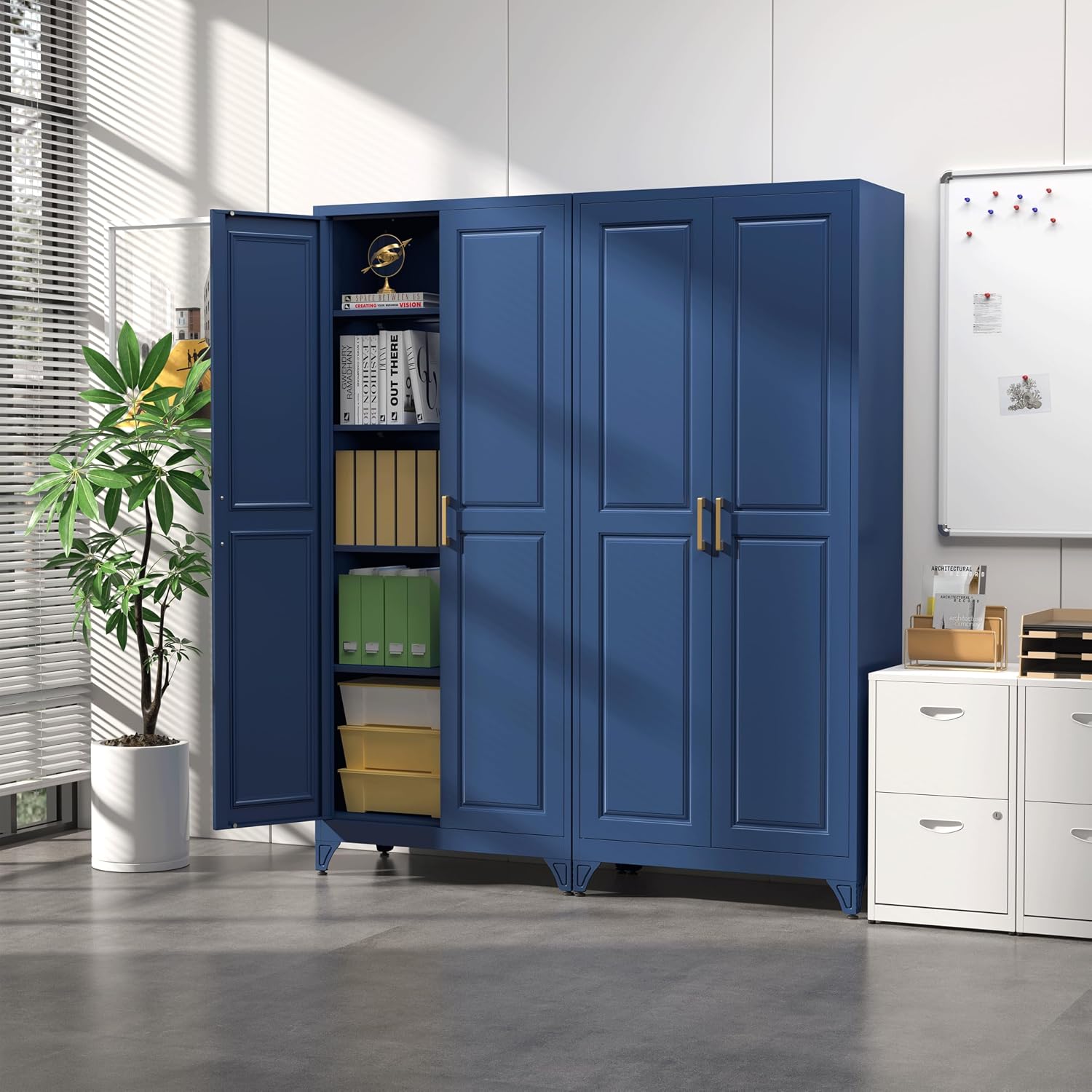 SteeLoong 75'Kitchen Pantry Cabinet,Blue Metal Storage Cabinets with Doors and 4 Adjustable Shelves,Kitchen Cabinet with 2 Gold Handles,Tall Cabinet for Livingroom,Pantry, Bathroom