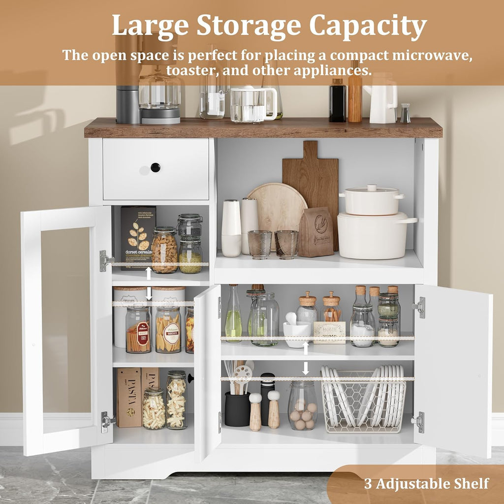 Senfot Kitchen Microwave Cabinet with Storage and Drawers, Modern Small Buffet Cabinet with Glass Doors and Adjustable Shelf, Wooden Sideboard with Wide Top for Dining Room, Living Room, White
