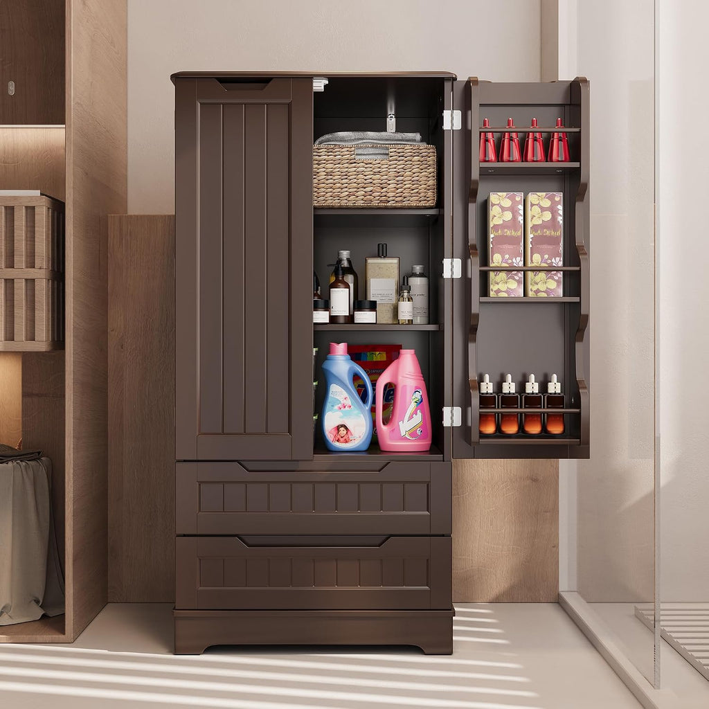 Gizoon Kitchen Pantry Cabinet with Drawers, 47' Small Food Pantry Storage Cabinet with 6 Door Shelves for Snack and Spice, Freestanding Craft Storage Cabinet for Craft Room, Dark Brown, Painted
