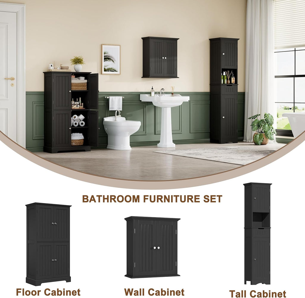 ChooChoo Bathroom Floor Cabinet, Modern Bathroom Storage Cabinet with 4 Doors and Adjustable Shelves, Freestanding Cupboard for Living Room, Kitchen Pantry, Black