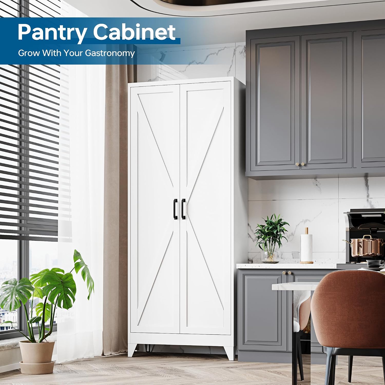 PEUKC 75' Farmhouse Metal Storage Cabinet with Doors and 4 Adjustable Shelves, Large Pantry Organizer for Kitchen, Dining Room, and Living Room,Assemble Require(White)