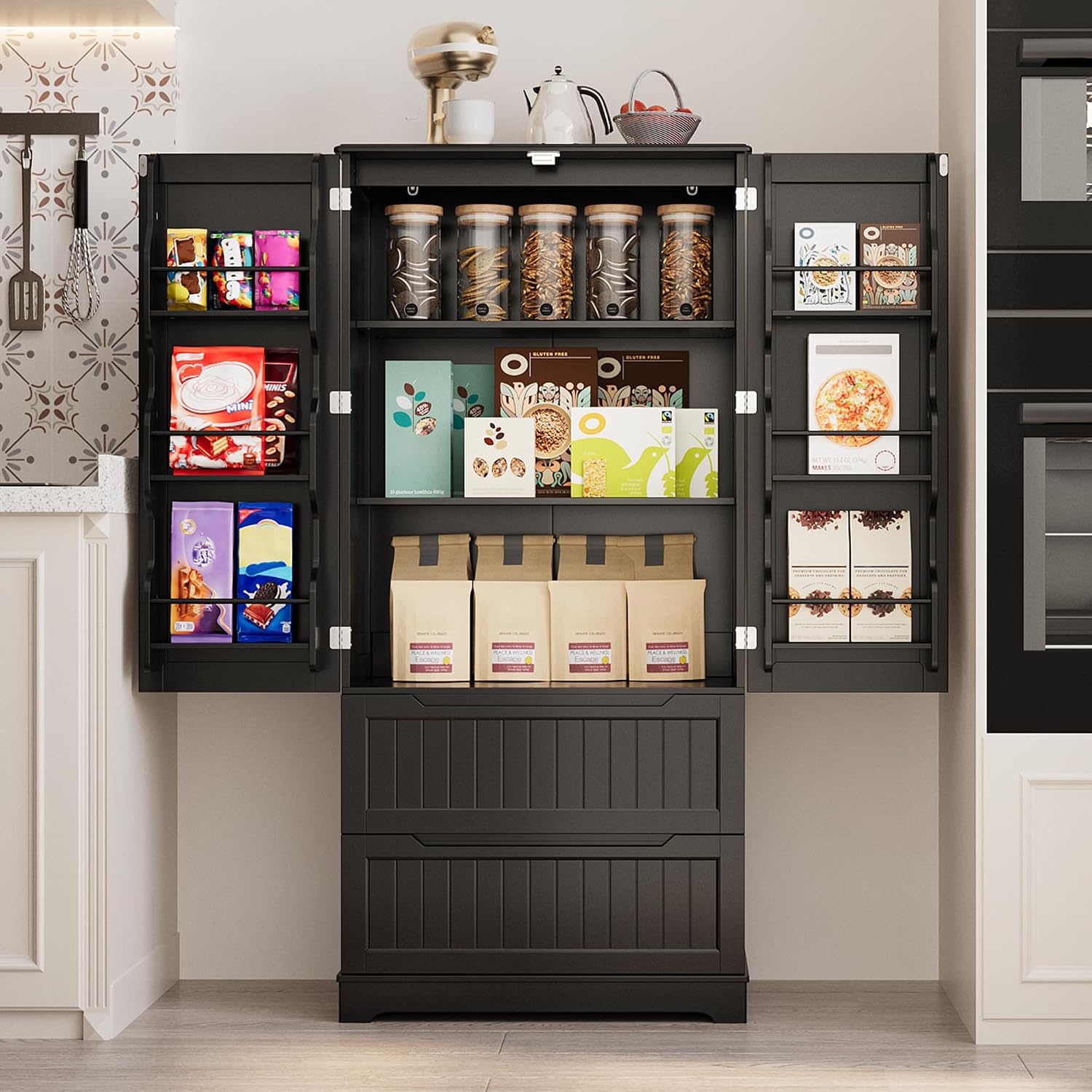 Gizoon Kitchen Storage Cabinets with Drawers Freestanding Kitchen Pantry with Doors and Shelves, 63' Food Pantry Cabinet for Dining Room Craft Room, Black, Painted