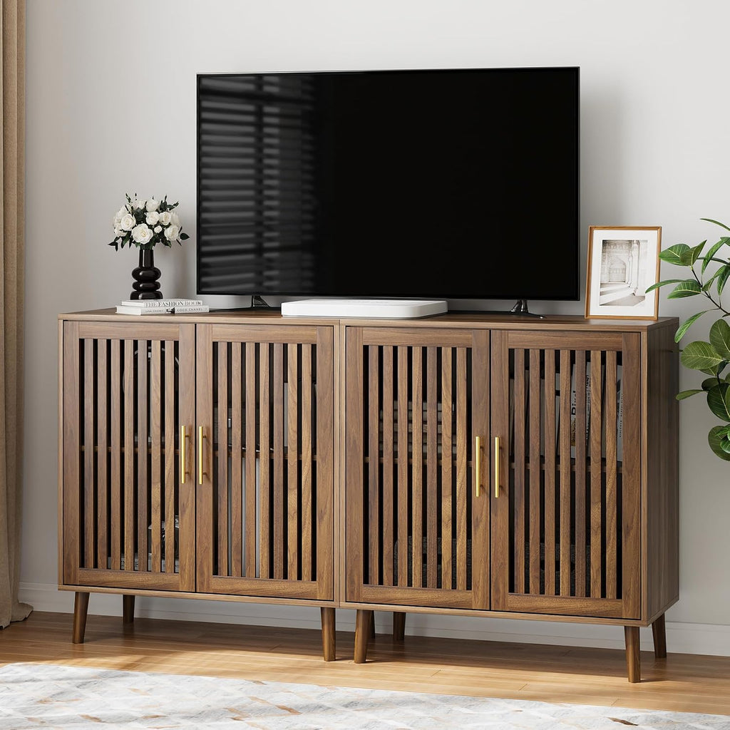 Buffet Cabinet with Storage Walnut Sideboard with Grille Doors&Adjustable Shelf, Wood Coffee Bar Storage Cabinet for Kitchen Living Room Entryway (31.5 Inch)