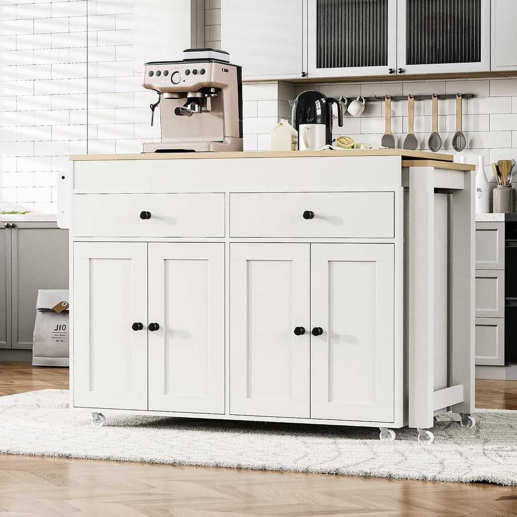 74.5' Rolling Kitchen Island with Extendable Dining Table, Kitchen Storage Cart on Wheels with 2 Drawers, Spice Rack, 4 Door Cabinet for Kitchen, Dining Room, White