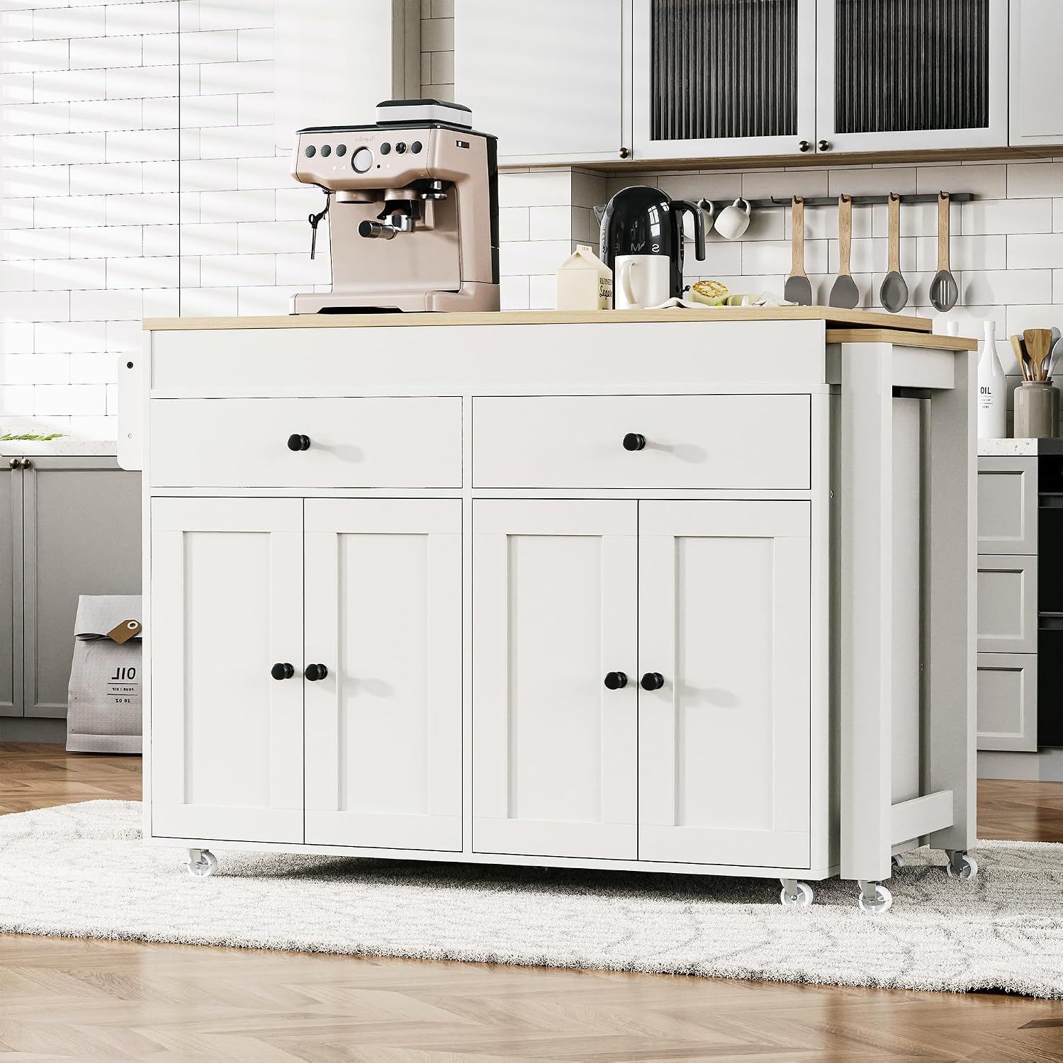 74.5' Rolling Kitchen Island with Extendable Dining Table, Kitchen Storage Cart on Wheels with 2 Drawers, Spice Rack, 4 Door Cabinet for Kitchen, Dining Room, White