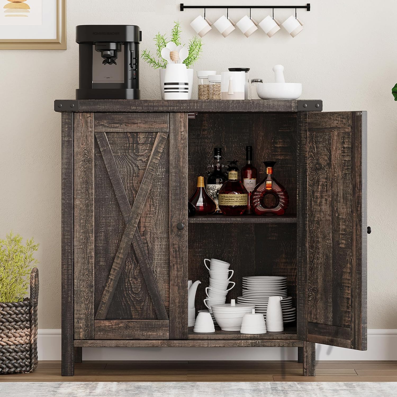 GarveeHome Small Storage Cabinet, Farmhouse Sideboard Buffet Cabinet with 2 Doors and Adjustable Shelves, Accent Entryway Console Cabinets for Living Room, Dining Room (Dark Oak, 2 Pieces)