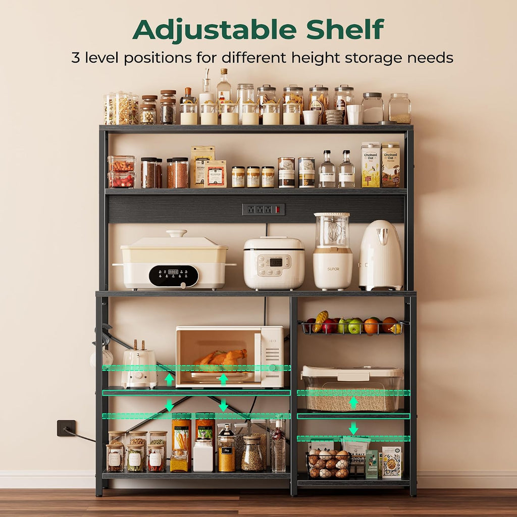 SUPERJARE Bakers Rack with Power Outlet, 47.2 Inches Coffee Bar with 3 Level-Adjustable Open Shelves, Wire Basket, Kitchen Microwave Stand with 6 S-Shaped Hooks, Black