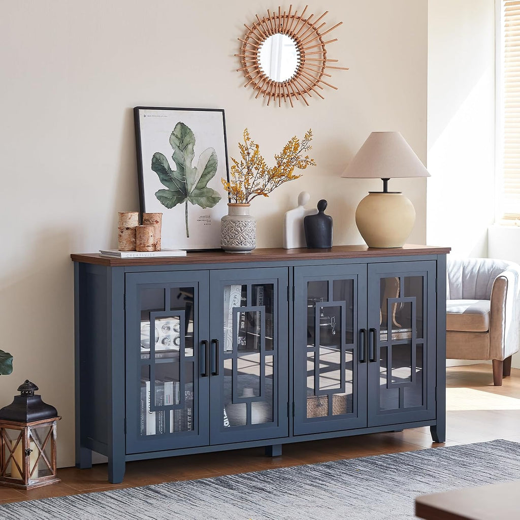 Joaxswe Large Sideboard Buffet Cabinet with Storage, 63' Farmhouse Navy Blue Kitchen Coffee Wine Bar Cabinet with 4 Glass Doors, Mid Century Modern Wood Side Board Table for Dining Room, Living Room