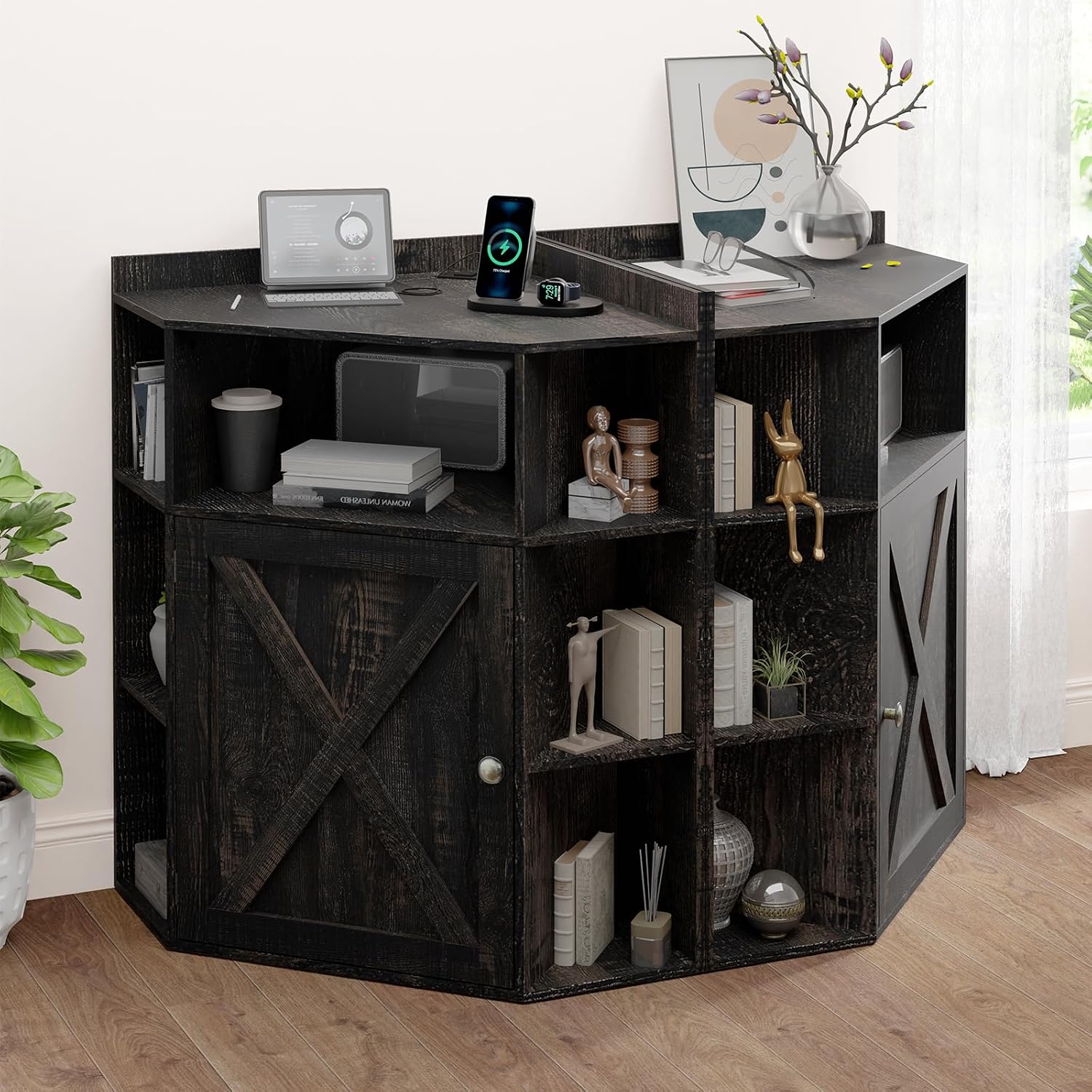 Vabches Corner Cabinet, Corner Storage Shelf with USB Ports and Outlets Industrial Organizer for Small Space Wooden 6-Cubby Bookshelf for Study, Playroom, Living Room (Dark Rustic Oak)